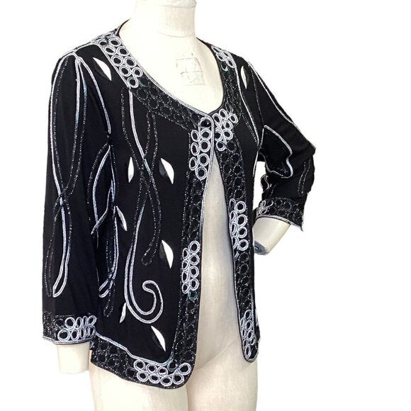 Lauren Michelle Embroidered Flowy Evening Jacket L Black White Silver 224H - Picture 4 of 9